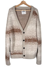 Hollister Womens Fuzzy Knit Cardigan Beige Brown Striped V-Neck‎ Sweater Medium Photo 0