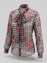 Zara Roses Print Houndstooth Semi-Sheer Blouse with Red Floral Print XS Floral Photo 0
