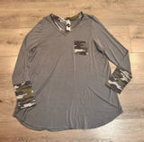 JM Fashion‎ Tunic Grey Camo Trim V-Neck Tunic Top Long Sleeve XLarge XL Photo 0