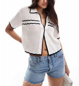 Abercrombie & Fitch Crochet Polo Cardigan XS Preppy Coquette Feminine Stripes Photo 0