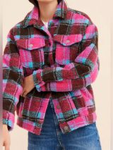 APPARIS Women XS Plaid Sherpa Teddy Trucker Jacket Pink Blue Faux Shearling Photo 0