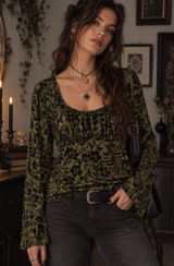 Sundance Green Black Floral Burnout Velvet Blouse Boho Whimsigoth Womens Medium Photo 0