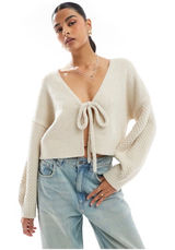 Cotton On Oversized Cream Cropped Tie Front Balloon Sleeve Knit Cardigan XS Photo 0