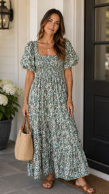 Tuckernuck Anna Cate Floral Smocked Maxi Dress‎ Womens Small Puff Sleeve Cotton Photo 0