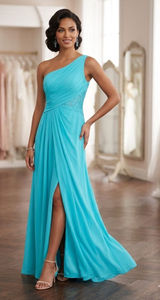 David’s bridal Malibu blue one-shoulder floor length, lace inset @one waistline. Photo 0