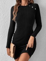 Black Slim-Fit Silver Button Striped Knit Dress Photo 0
