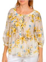 Fig & Flower Large Yellow Floral Sheer Button Up Blouse Puff Sleeve Relaxed Boho Photo 0