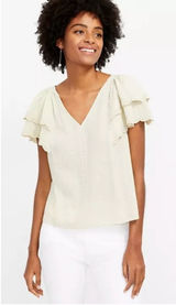 Loft Women's Sz Large 100% Cotton V-Neck Ruffle Sleeve Eyelet Trimmed Blouse Photo 0