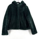Forever 21 Faux Fur Hooded Jacket Women XL Dark Green Full Zip Lined Cozy Teddy Photo 0
