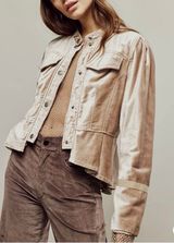 Free People Ballet Racer Jacket Cropped Velvet Ruffled Champagne Rose Size: XL Photo 0