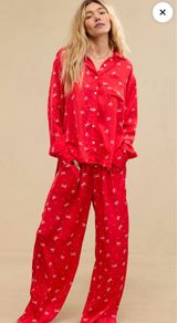 Aerie Off-Duty Long Sleeve Button-Down Satin Bow Print Polo Pajama Top Photo 0