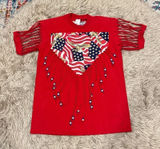 Handmade vintage fringe and beads American flag USA t-shirt large Photo 0
