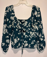 Abercrombie Dark Green Cream Floral Cutout Long Sleeve Smock Back Crop Top L Photo 0