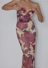 Selfie Leslie Strapless Floral Column Dress in Cream and Wine Tones Photo 0