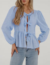 NWOT PRETTYGARDEN Babydoll Peplum Blouse Shirt Puff Long Sleeve Bow Tie Front XL Photo 0