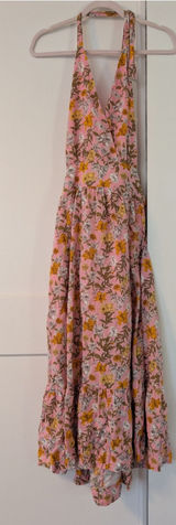 GB Made & Crafted Pink Floral Halter Maxi Dress Smocked Back Tiered Sun Dress Photo 0