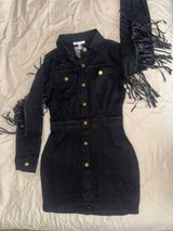 Black denim button-up dress with faux leather fringe Photo 0