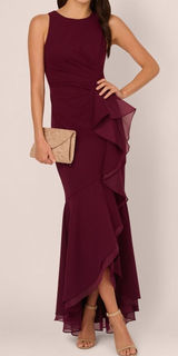 Adrianna Papell High Low Crepe Halter Gown Organza Draping In Cabernet Size‎ 4 Photo 0