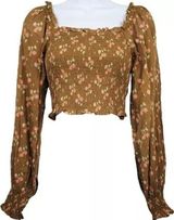 Aerie Crop Top Long Puff Sleeve Floral Print Smocked Ruffle Square Neck Brown S Photo 0