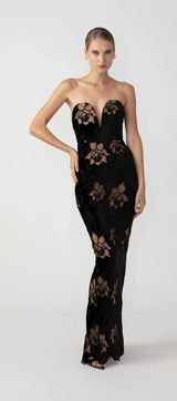Sau Lee Viola Gown Black Burnout Velvet Floral Lace Strapless Maxi Dress Photo 0