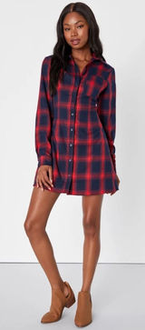 Lulus Red Navy Blue Plaid Cutout Back Mini Shirt Dress NWT Medium Photo 0