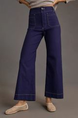 Anthropologie Maeve Colette Contrast Stitch Crop Wide Leg Pants Navy Size 26P Photo 0