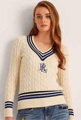 Lauren Ralph Lauren Logo Cricket Sweater S Cream Cable Knit Cotton LRL Preppy Photo 0