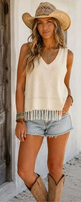 Promesa Women’s Large Ivory Knit Sweater Vest Fringe Hem Boho V-Neck Tank Top #1 Photo 0