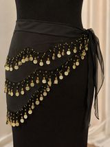 Black sheer belly dance hip scarf with gold coins and beads ✨ Perfect for dance, costumes, or parties. Photo 0