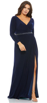 Mac Duggal Navy Long Sleeve Evening Gown with Beaded Waist size 14W Photo 0