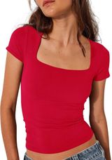 Red Cropped Square Neck Ribbed Crop Top Photo 0