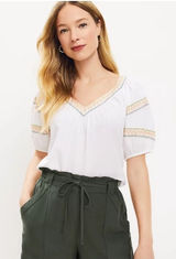 Loft Womens White Embroidered V-Neck Puff Sleeve Cotton Lyocell Blouse XS Photo 0