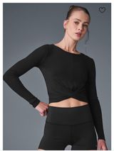 Alo Yoga Black Cover Long Sleeve Cropped Ribbed Top Wrap Detail Size Small Photo 0