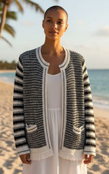 Talbots Black White Striped Knit Open Front Fringe Cardigan Sweater Women's L Photo 0