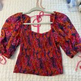 Free People Vibrant Floral Puff Sleeve Blouse - Pink and Orange Photo 0