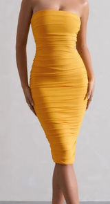 Club L My Girl Mango Strapless Bodycon Ruched Mesh Midi Dress 8 NWT Photo 0