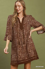Umgee Mix Geometric Print V-Neck Tassel Detail Tunic Dress - Brown Mix - Large Photo 0