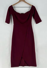 Lulus Burgundy Stretch Crepe‎ Off The Shoulder 3/4 Sleeve Faux Wrap Midi Dress Photo 0