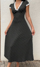 Retro Black & White Polka Dot V-Neck Lace Trim Dress Photo 0