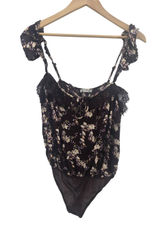 Free People Bodysuit Womens Small‎ Burgundy Floral Lace Trim Ruffle Straps Boho Photo 0