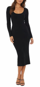 HM Black Ribbed Knit Scoop Neck Long Sleeve Bodycon Midi Dress P/N Photo 0