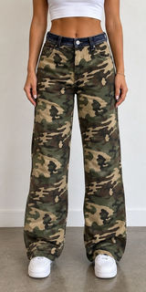 Risen Jeans Camo Wide Leg High Rise Stretch Pants Size 15/32 Y2K Photo 0