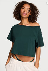 PINK Victoria's Secret Dark Green Off-Shoulder Cropped Tee Photo 0