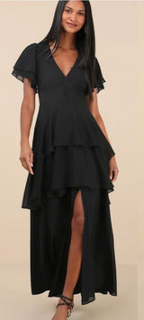 Lulus Midnight Mood Black‎ Tiered Maxi Dress Womens XS Coquette Moody Sexy NEW Photo 0