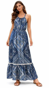 Blue Paisley Cotton Maxi Dress Halter Neck Tiered‎ Boho Sun Dress Women Large Photo 0