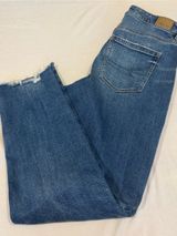 American Eagle Mom Jean Strigid Raw Hem Medium Blue Denim High-Rise Size 8 Photo 0