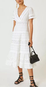 Anthropologie Love‎ The Label White Fairy Lace Tiered Ruffle Midi Dress Size M Photo 0