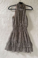 Olivia Grey Floral Smocked High Neck Mini Dress Tan Black Sleeveless‎ XS Photo 0