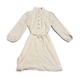 Ann Taylor Womens 12 Cream Crepe Mock Neck‎ Gold Button Belted Puff Sleeve Dress Photo 0