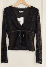 Princess Polly Black Floral Lace Wrap Top Size 10 NWT Ribbon Tie Long Sleeve Photo 0
